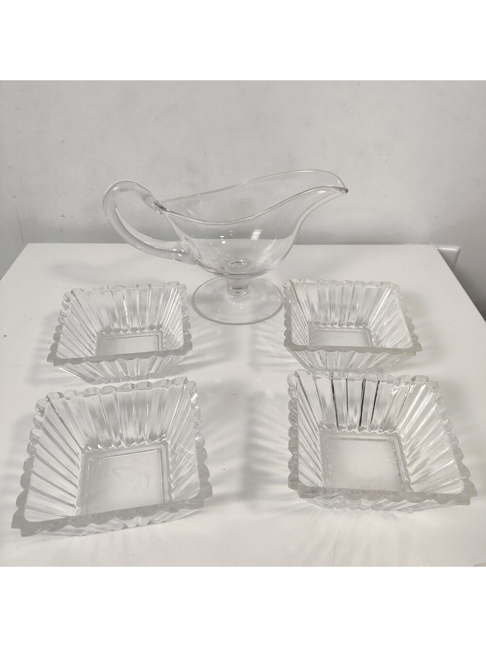 Vintage Pedestal Glass Gravy Boat & 4 Ribbed Square Glass Berry Dessert Bowls
